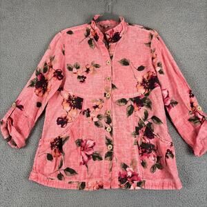 John Mark Linen Tunic Small Floral Lagenlook Cottage Roll Tab Pockets Natural